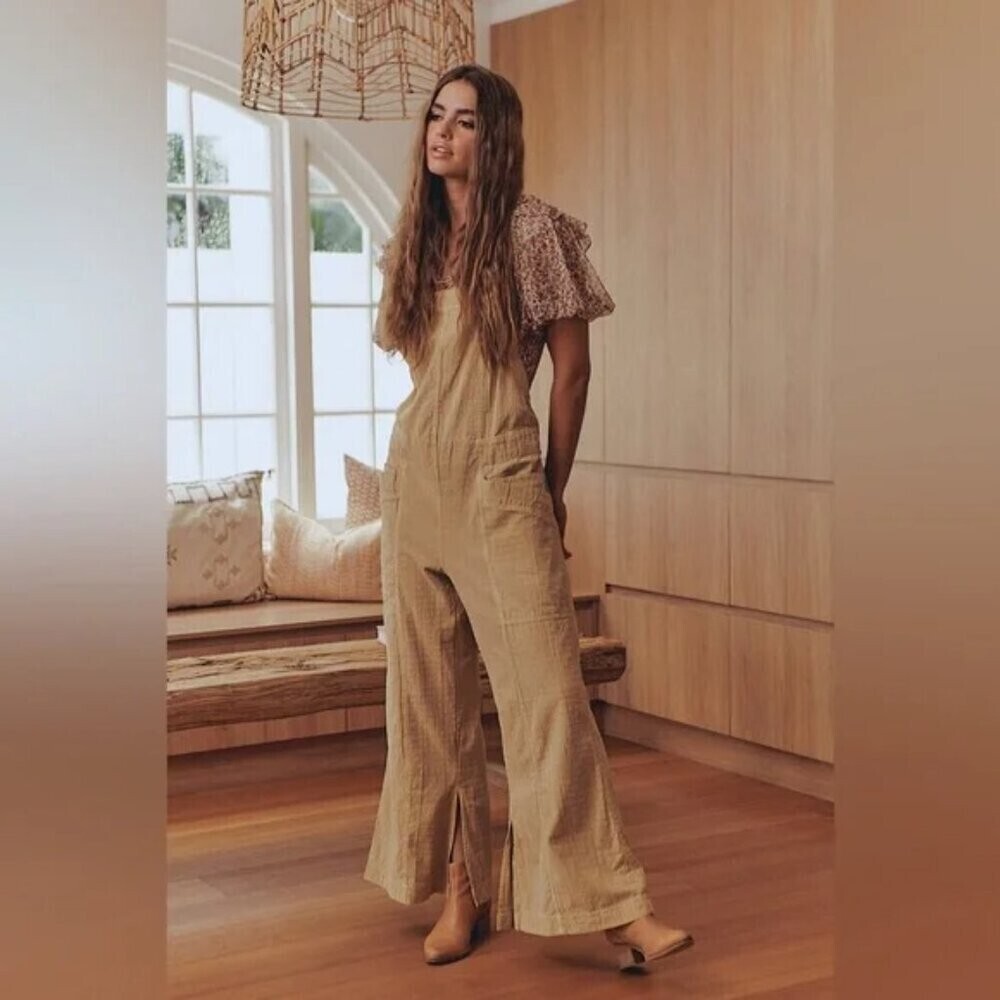 Free People Savannah Overalls Oversized Slit Hem Textured Gosling Beige Medium